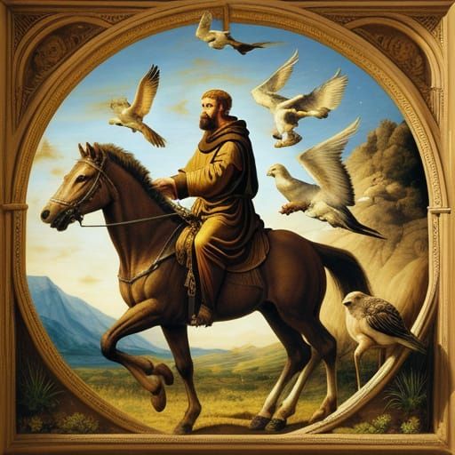 St Francis Rides with Lion, Wolf in Oil Painting