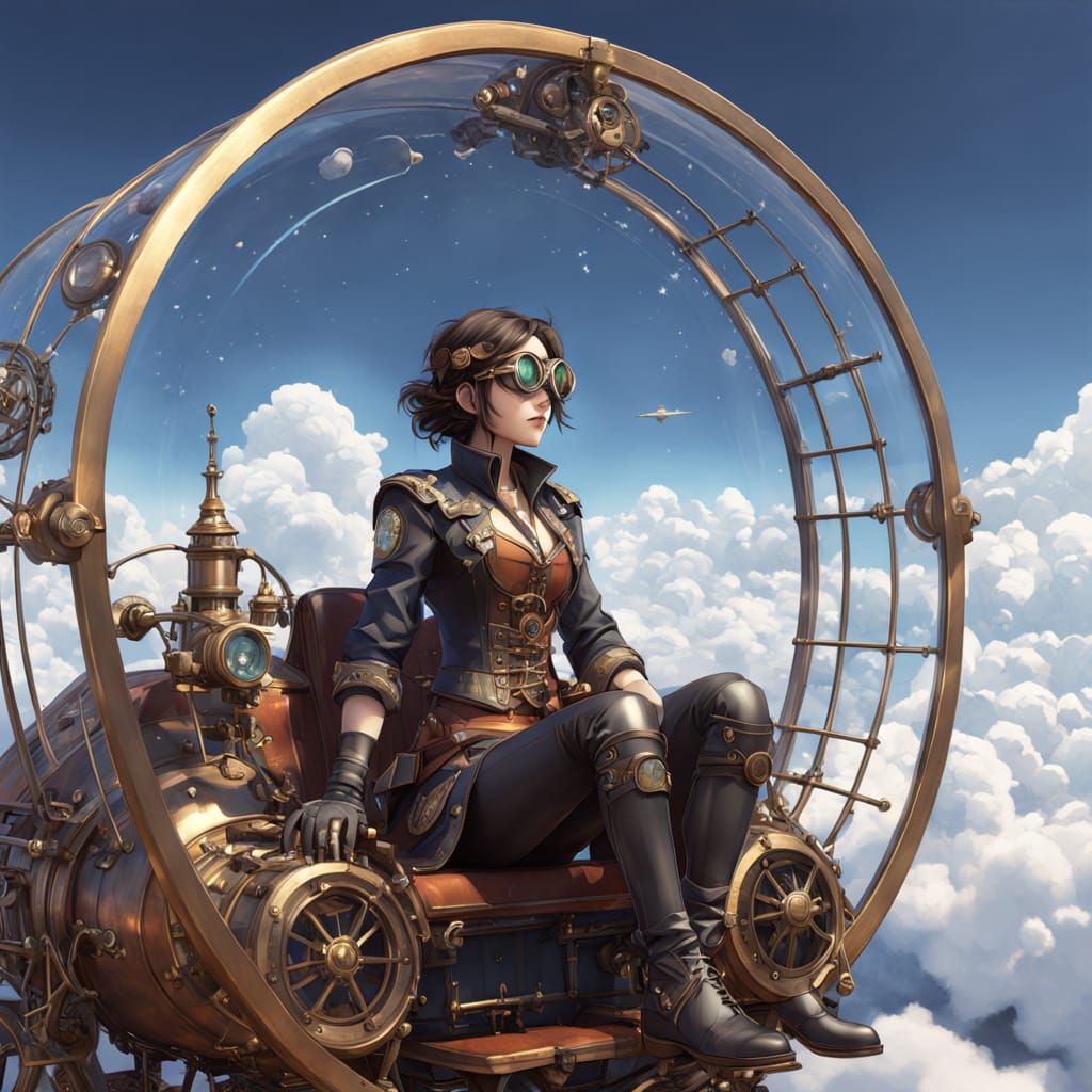 Steampunk Aviator Soaring Above Clouds in Anime Style