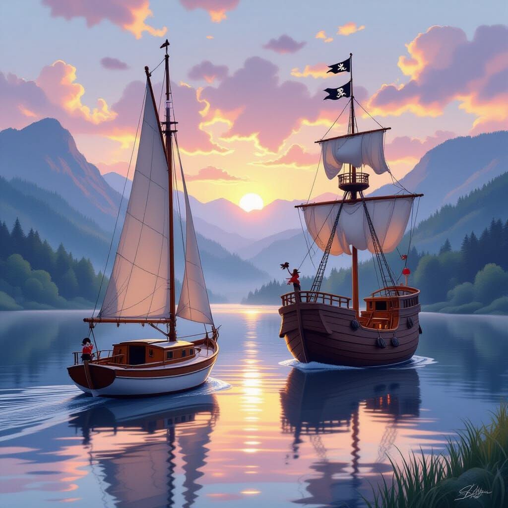 Sailboat and Pirate Ship in 2D Cartoon Art