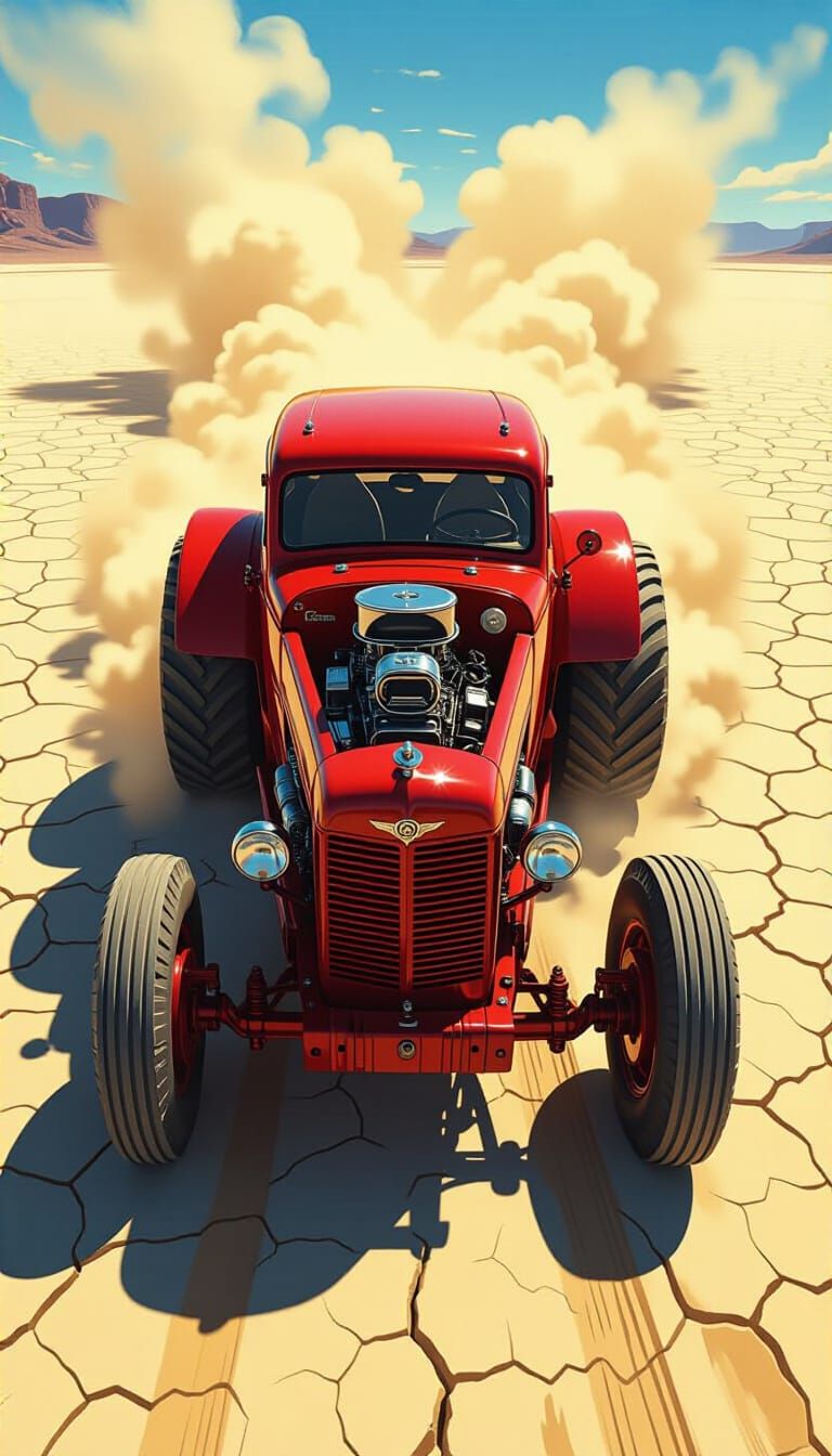 Red Hotrod Tractor on Desert Lake Bed