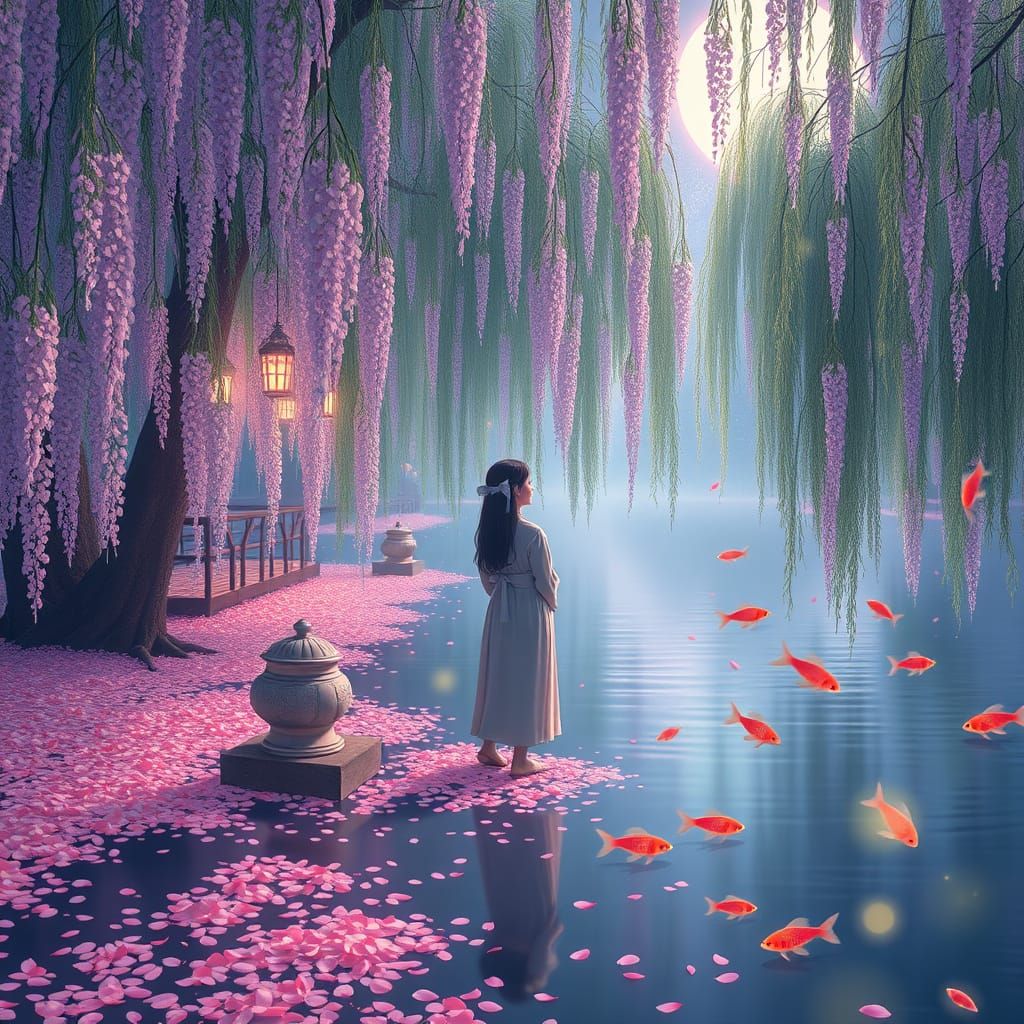 Serene Woman in Japanese Garden with Neon Glow