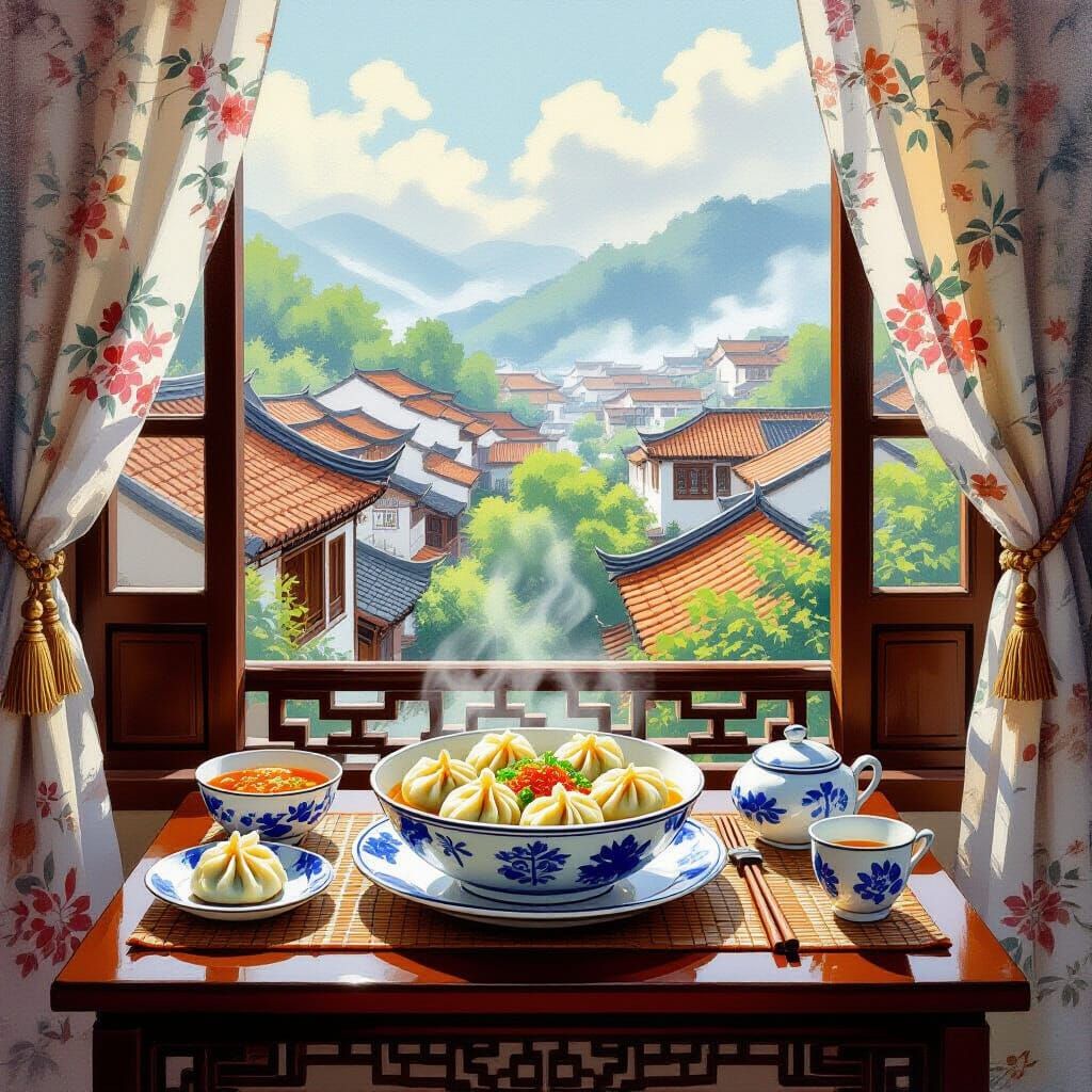 Traditional Chinese Meal with Village View in Painting Style