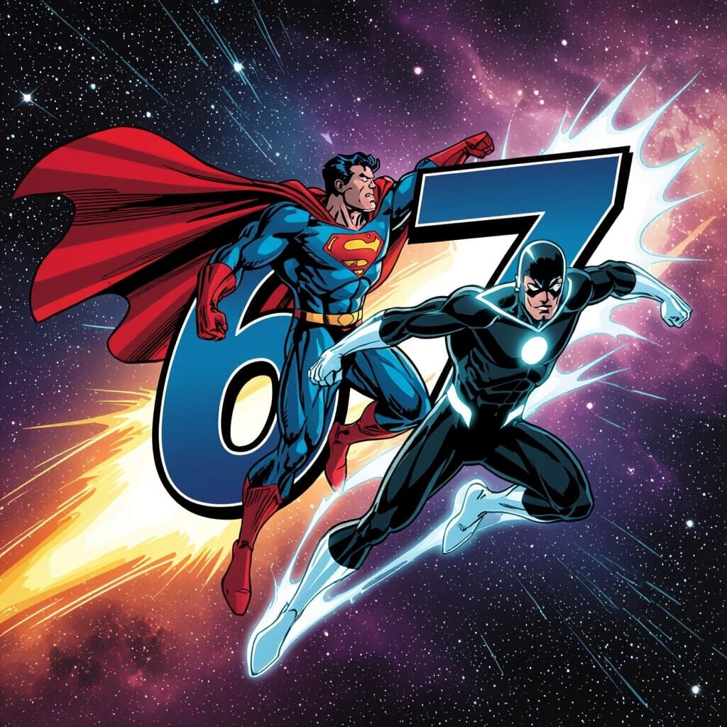 Number 67 Soars as a Cosmic Superhero Duo