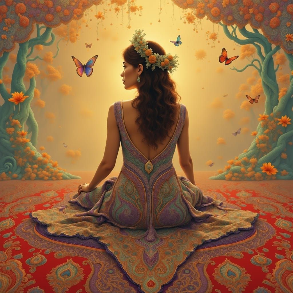 Whimsical Woman on Ornate Paisley Magic Carpet