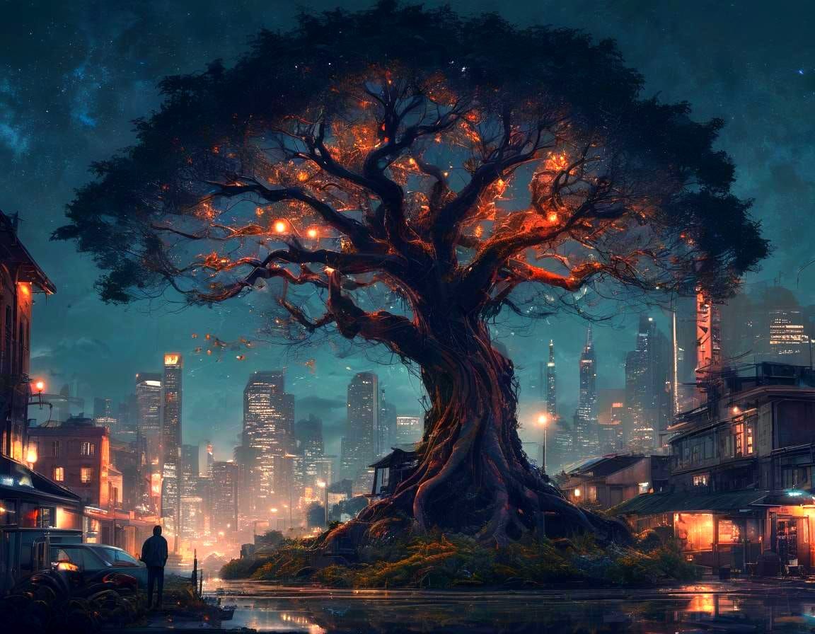 Enchanted Tree of Life in Dieselpunk City