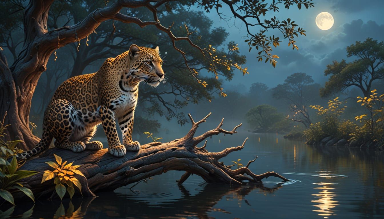 Leopard in Twilight Forest: Hyperrealistic Digital Painting
