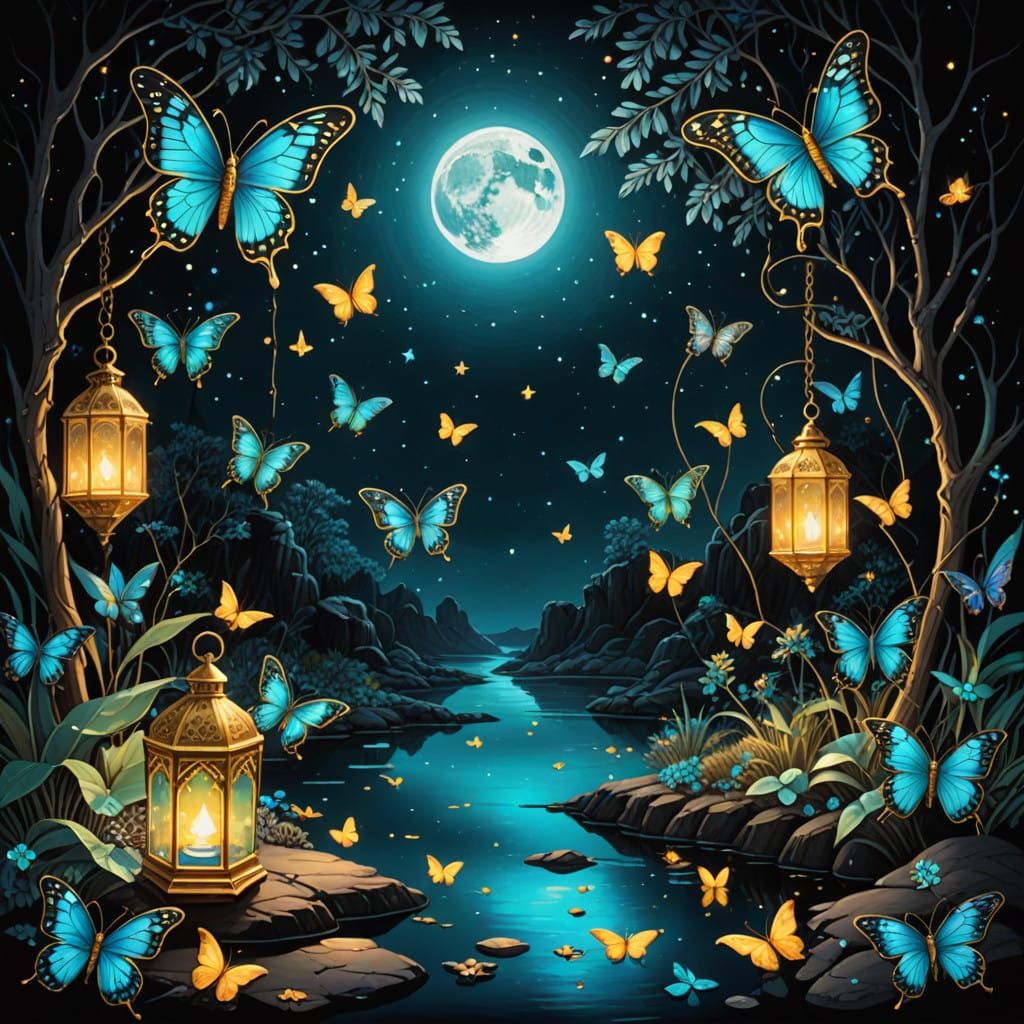 Dreamy Bioluminescent Lagoon Under Starry Night Sky with Ful...