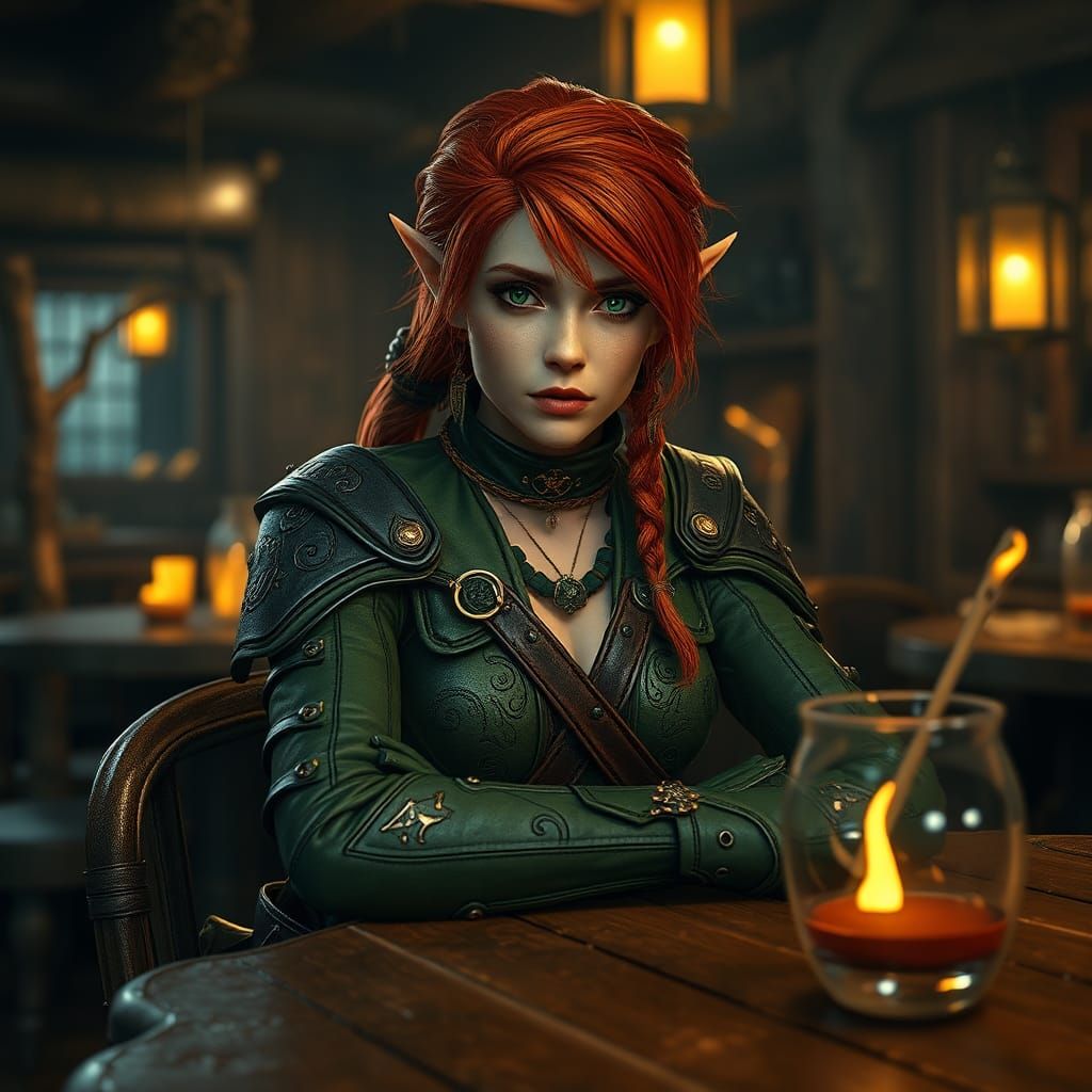 Wood-Elf Pirate Queen in Cozy Tavern