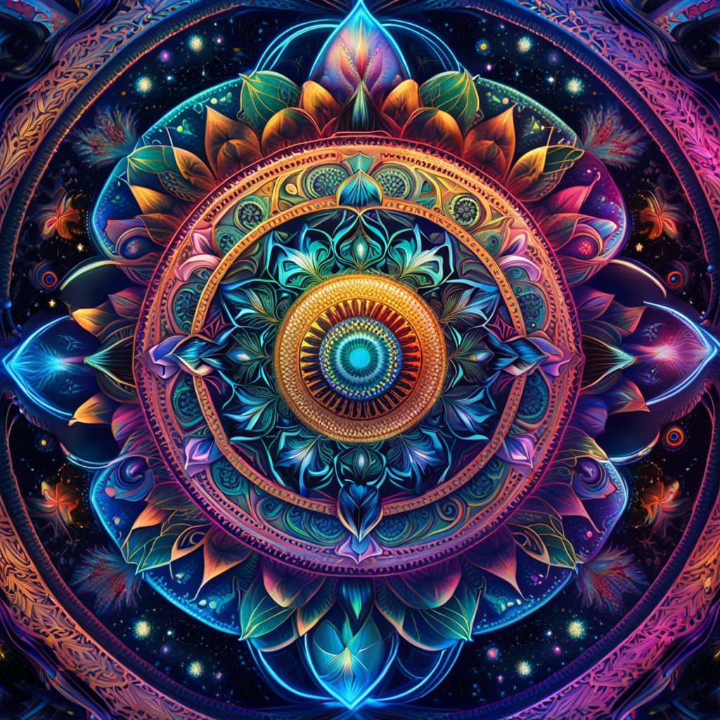 Holographic Cosmic Mandalas in Mixed Media Style