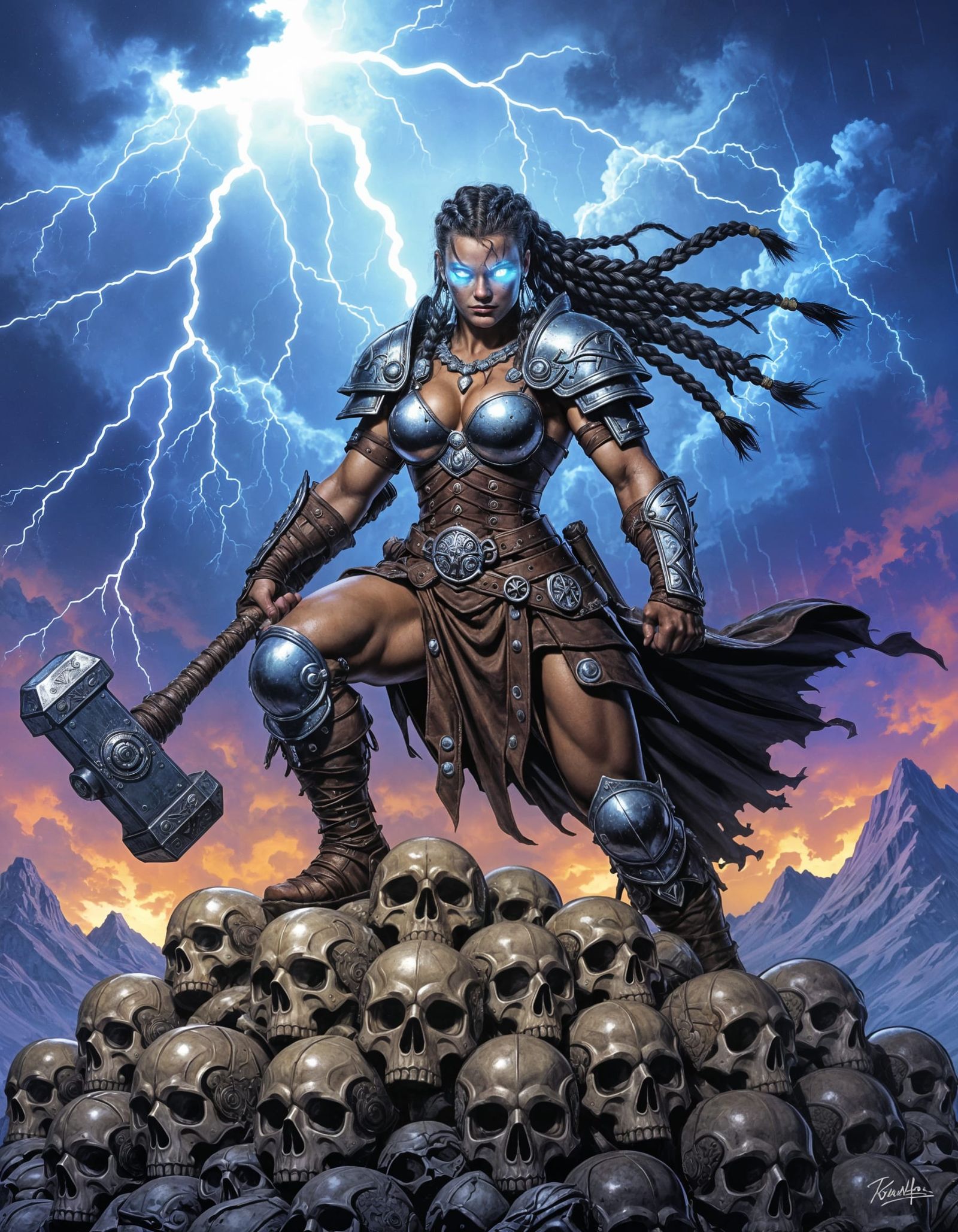 Triumphant Barbarian Warrior on Mountain of Skulls