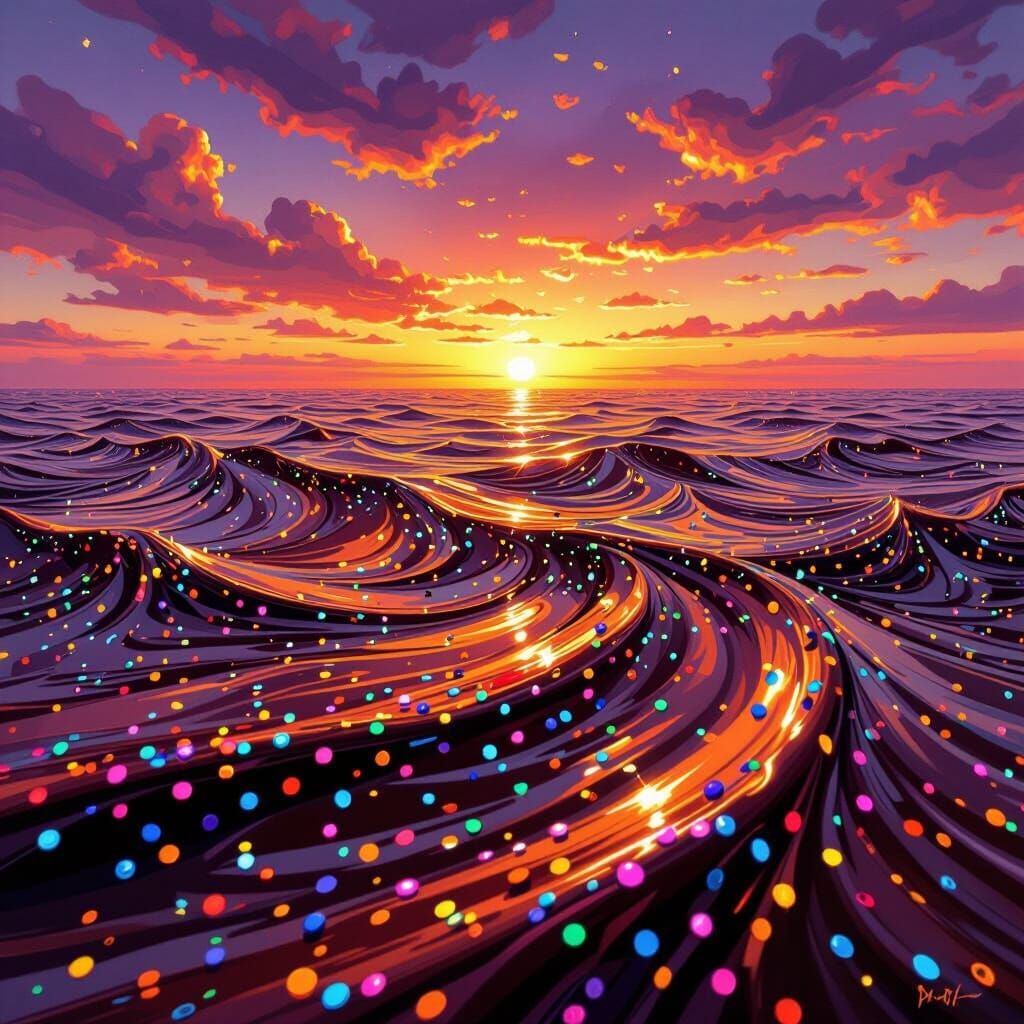 Vibrant Sunset Over Chocolate Ocean with Sprinkles
