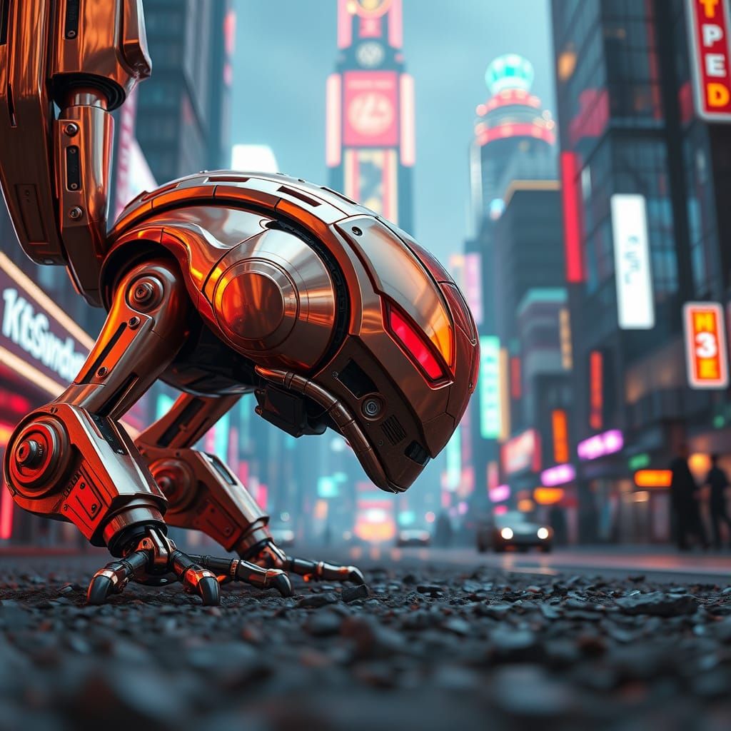 Epic Copper Mech in Futuristic Cityscape
