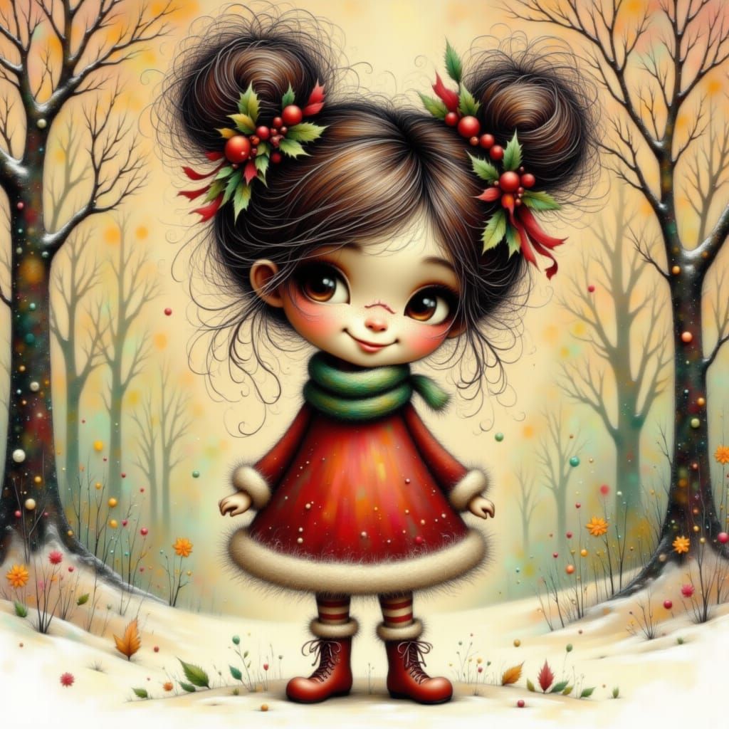 Innocent Girl in Winter Dress with Ribbons and Snow