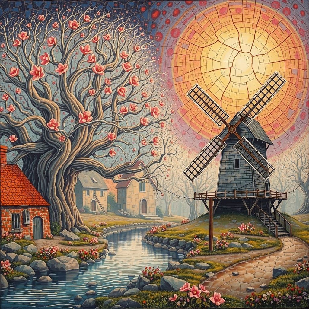 Surreal Watermill in Vibrant Spring Landscape, Whimsical Sto...