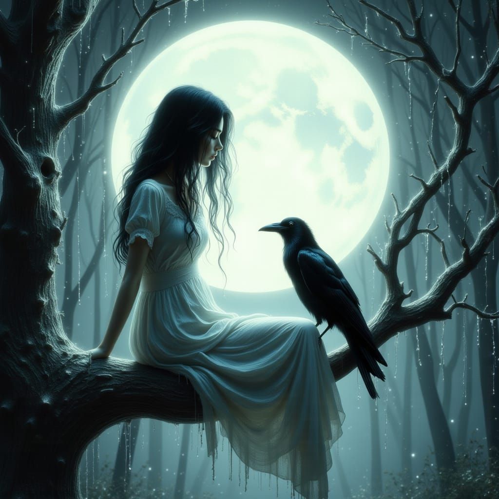 Ethereal Woman with Raven in Moonlight Illustration