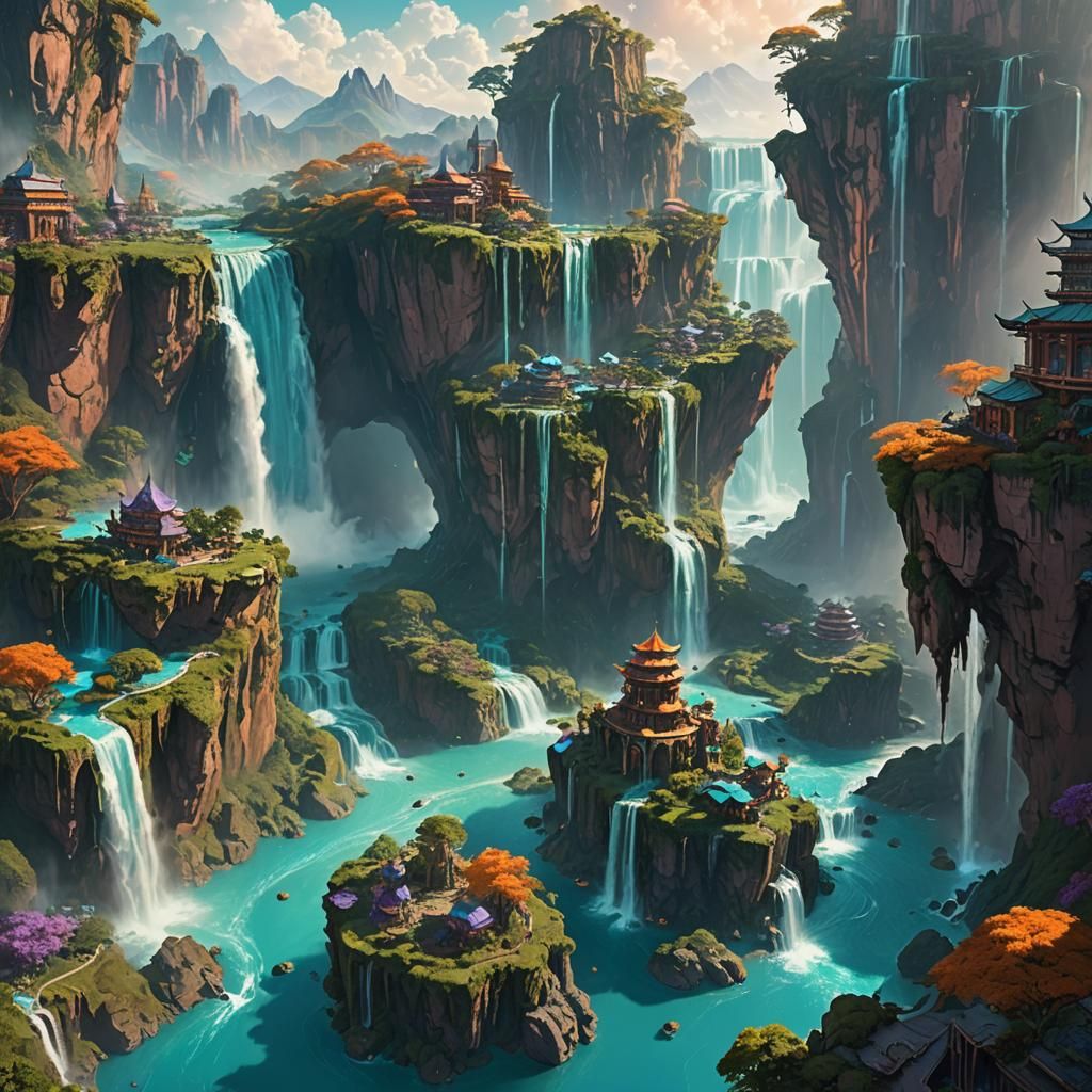 Fantasy Planet of Humans with Floating Islands