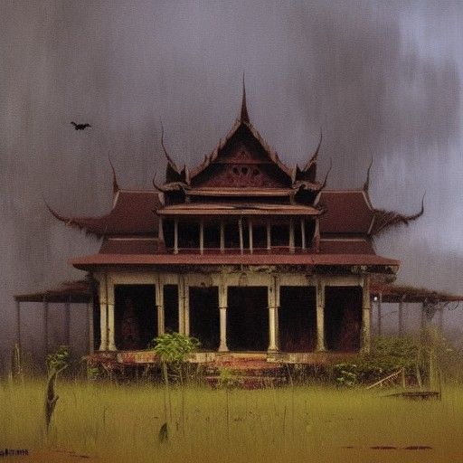 Spooky Abandoned House in Thailand as Oil Painting