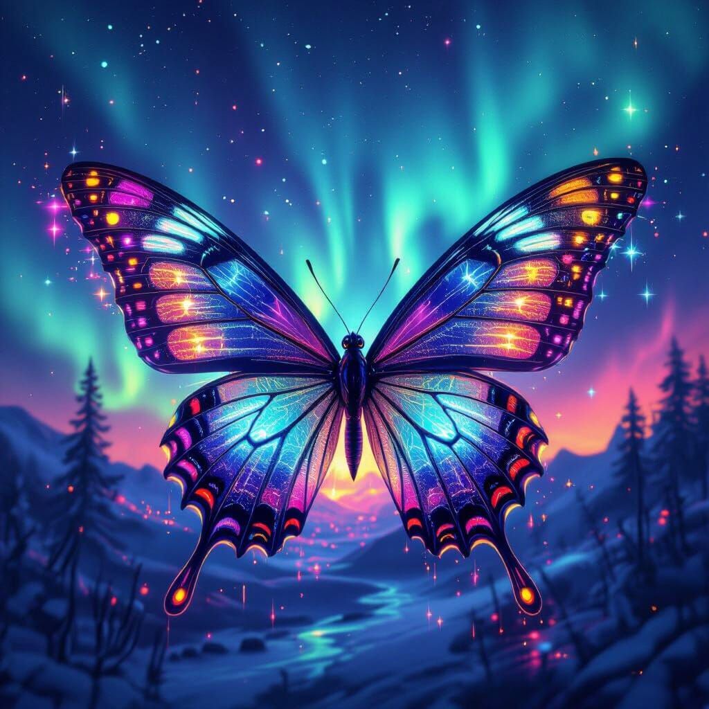 Neon Butterfly in Futuristic Sci-Fi Landscape