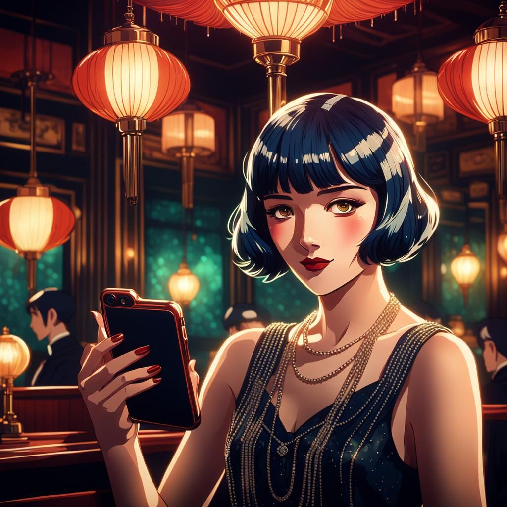 Anime Flapper iPhone Ad in 1920s Speakeasy