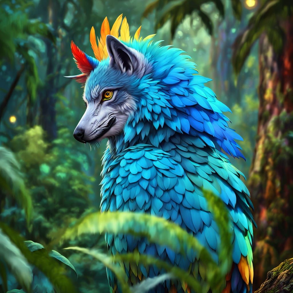 Wolf-Parrot Hybrid in Misty Jungle: Digital Art