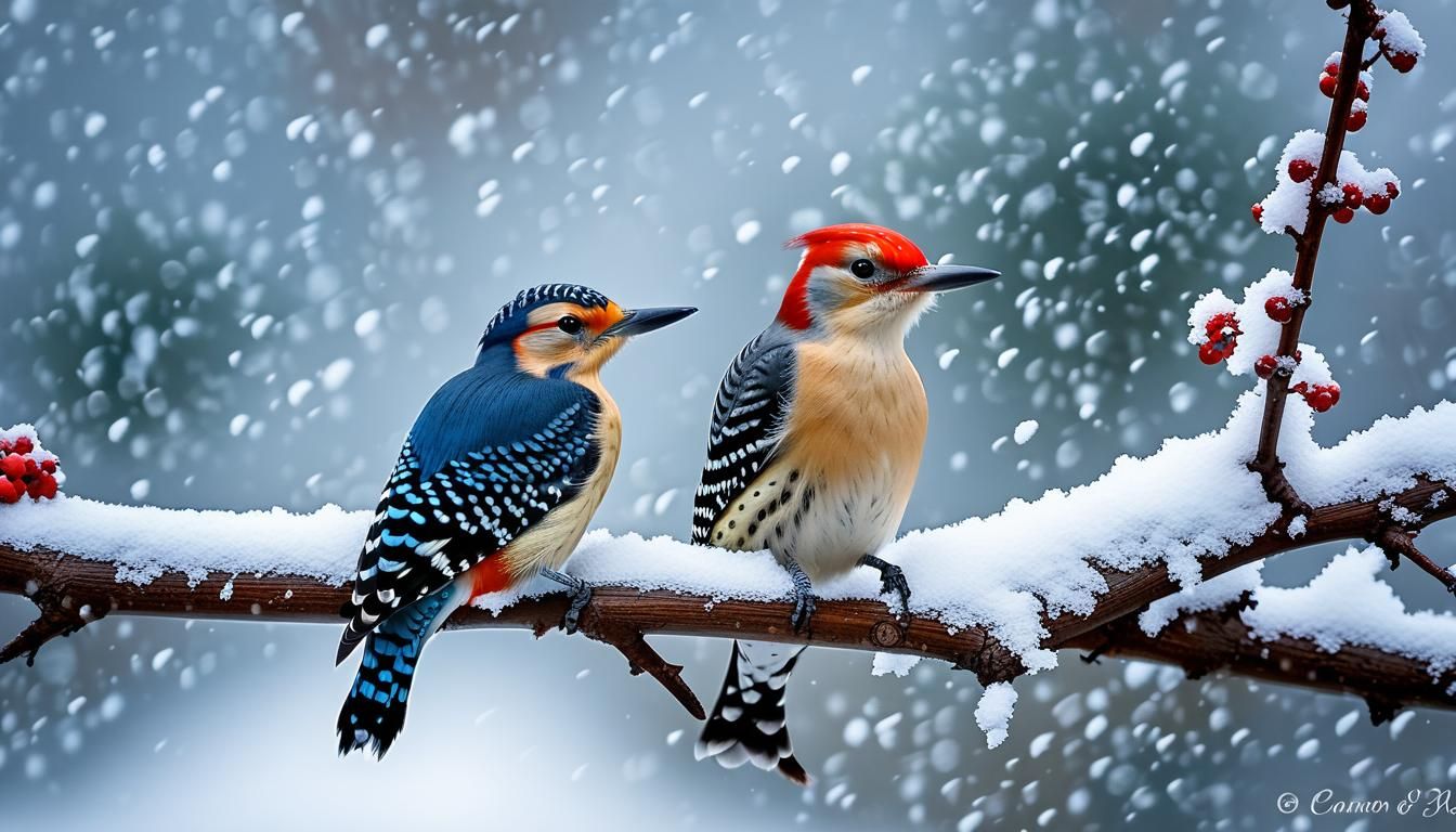 Woodpecker and Jay in Winter Berry Tree: Photography