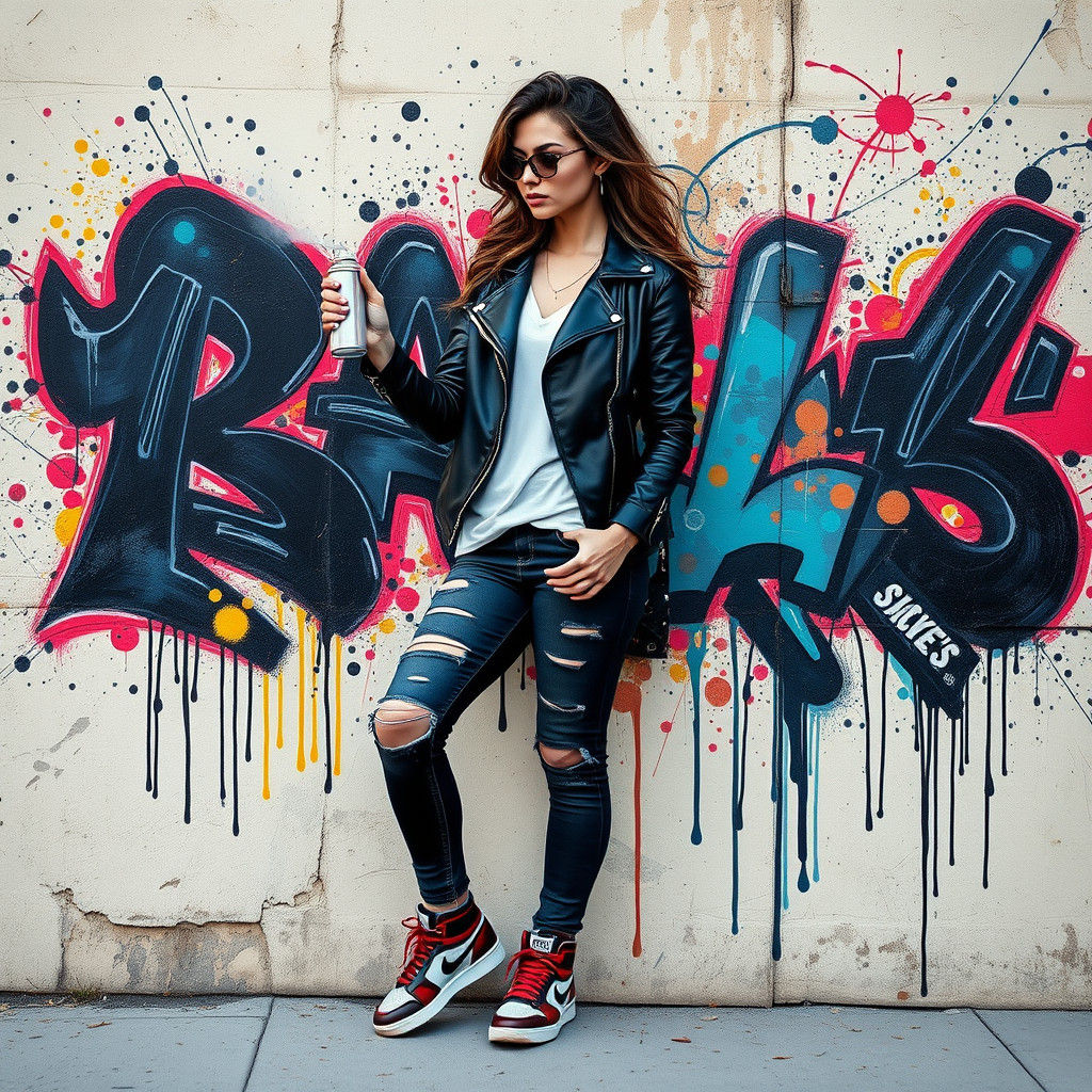 Woman's Graffiti Self-Portrait in Street Art Style