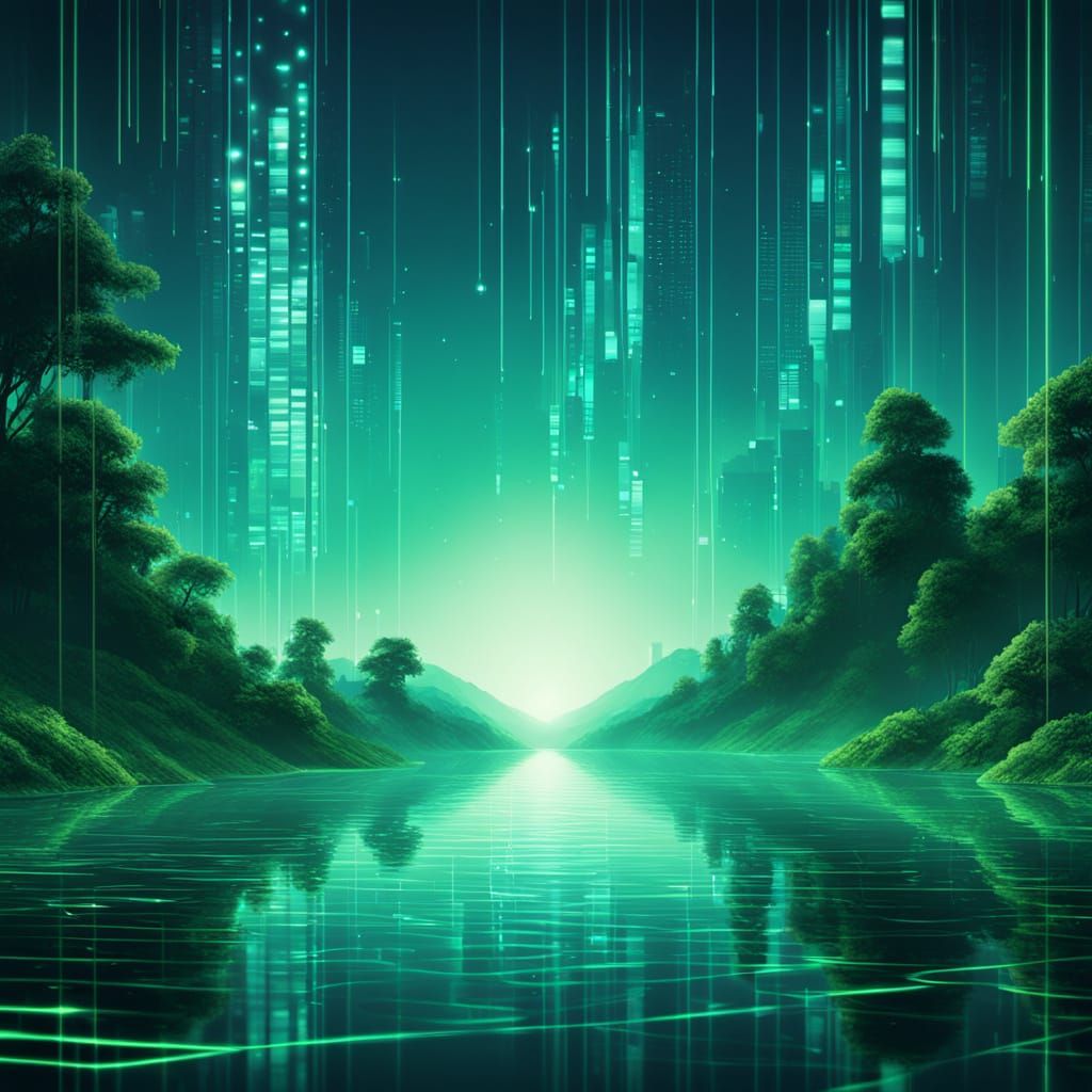 Surreal Digital Lake and House Made of Code