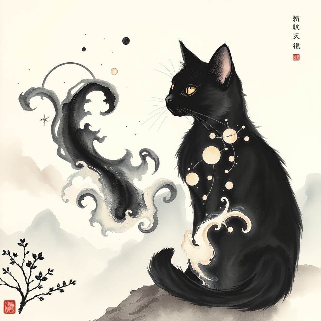 Black Cat Dissolving into Ink Celestial Patterns in Chinese ...