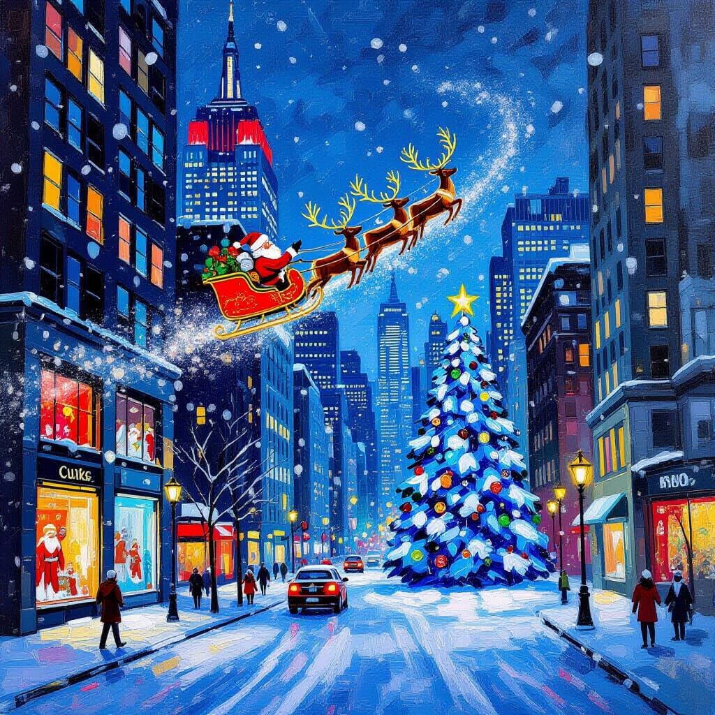 Snowy Manhattan Christmas Night with Santa in Van Gogh Style