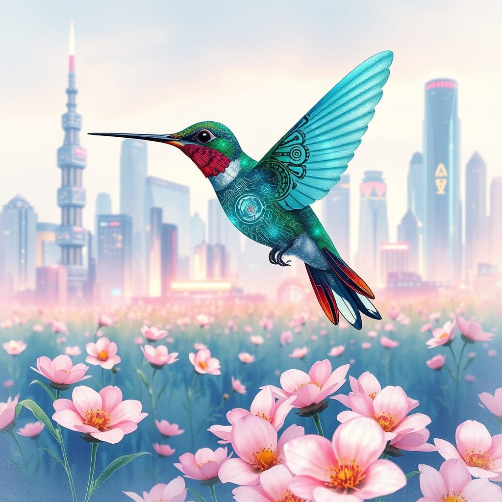 Cyberpunk Hummingbird over Bioluminescent Flowers