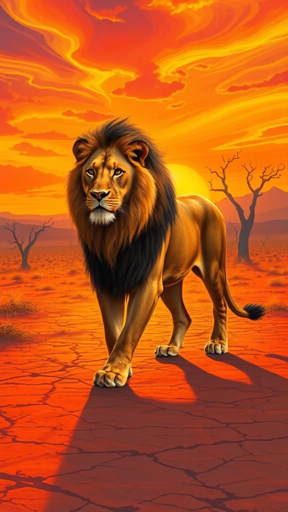 Majestic Lion Walking on Savanna at Sunset