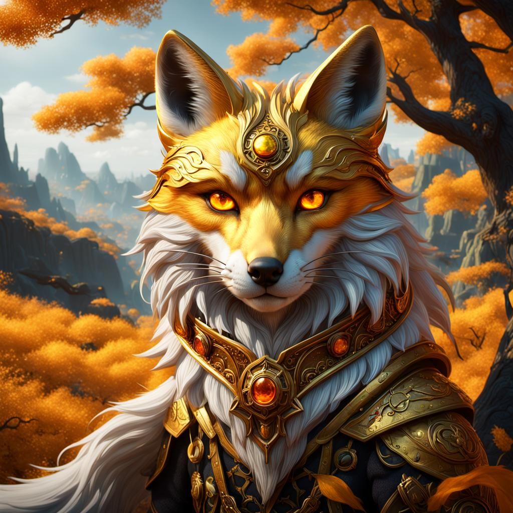 A golden fox with bright amber eyes