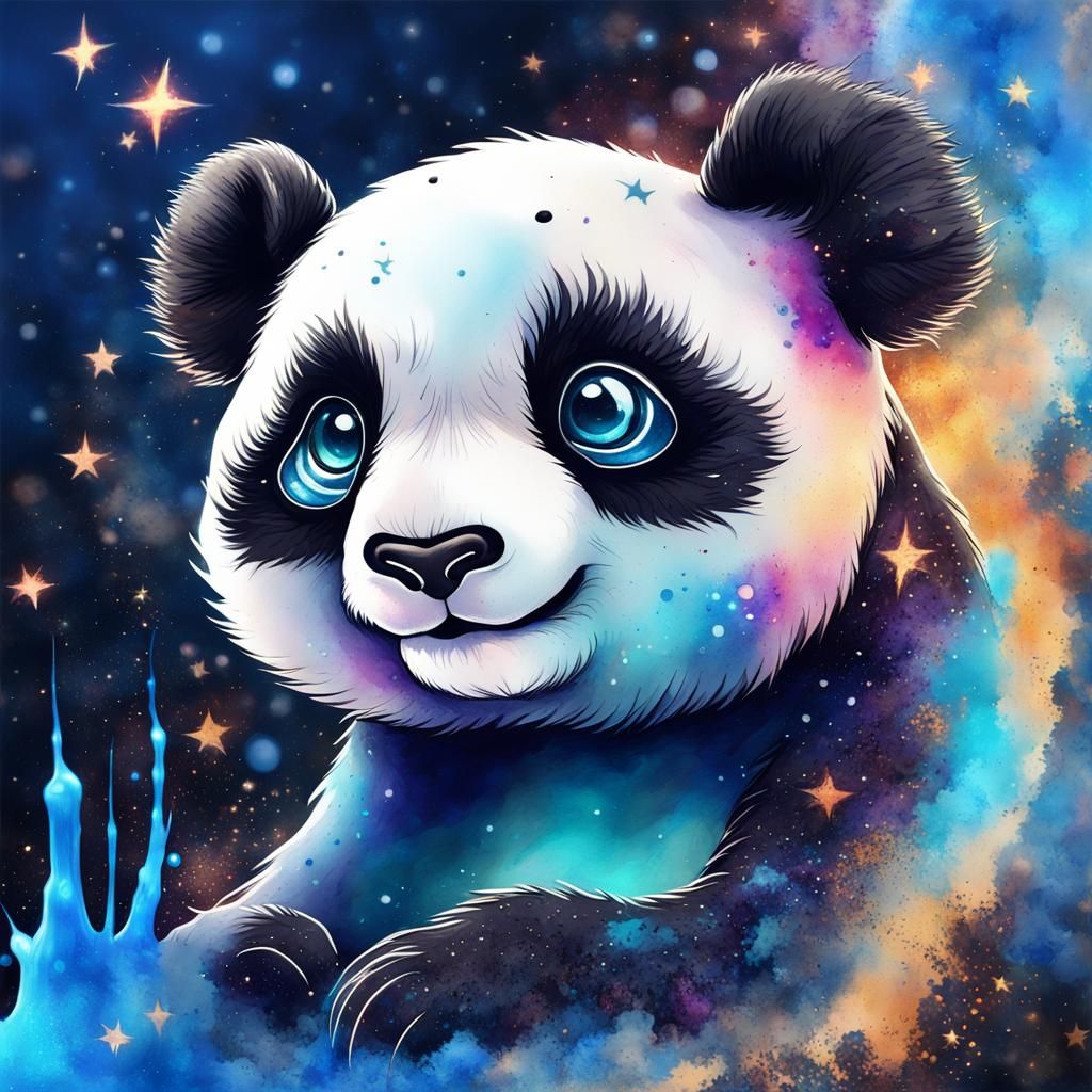Ethereal Ghost Panda in Space, Watercolor Art