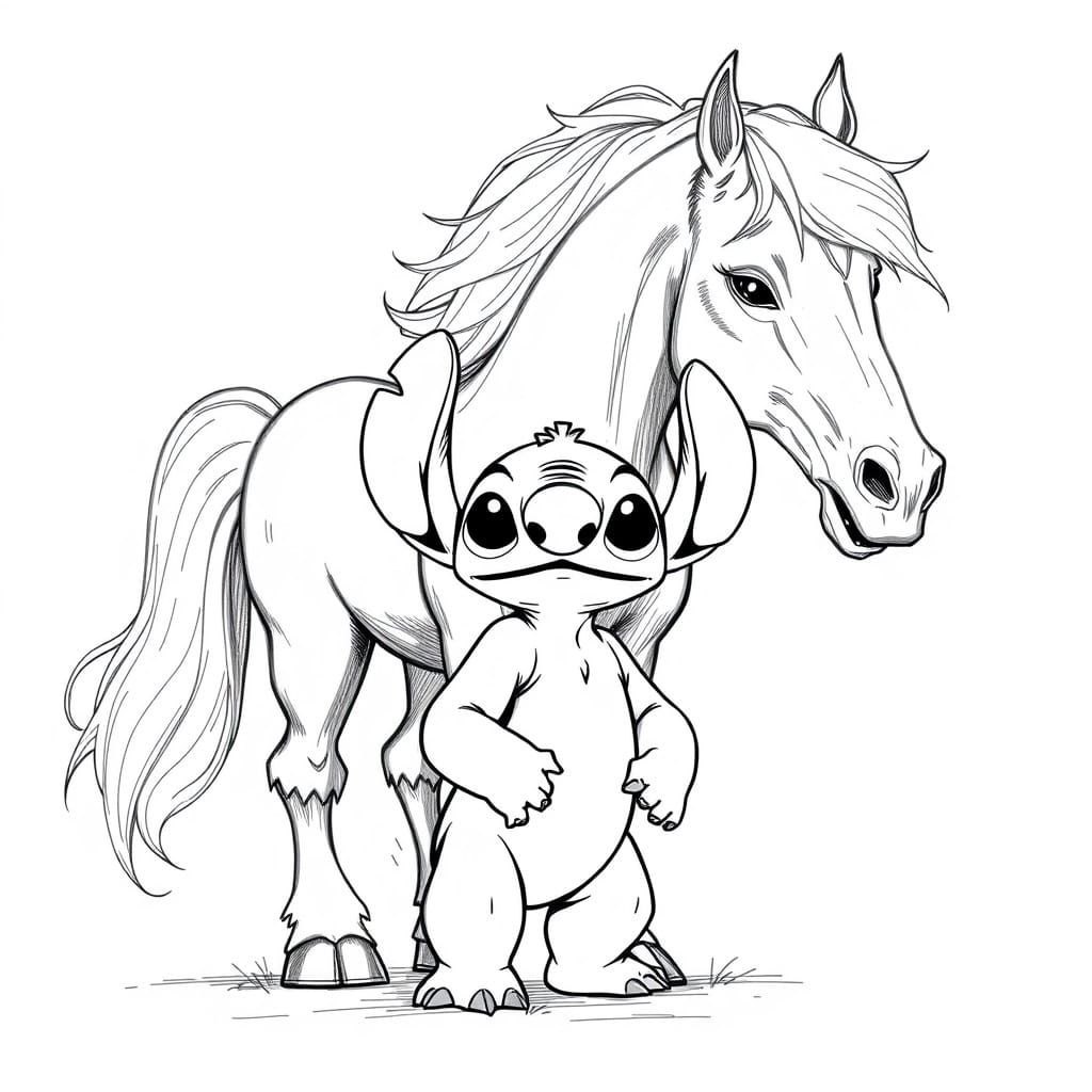 Stitch and Horse in Black and White Sketch