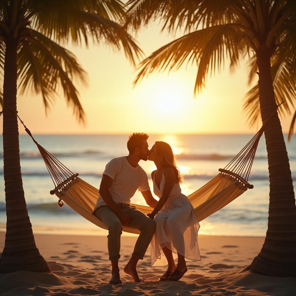 Romantic Sunset Kiss in Hammock: Cinematic Film Still