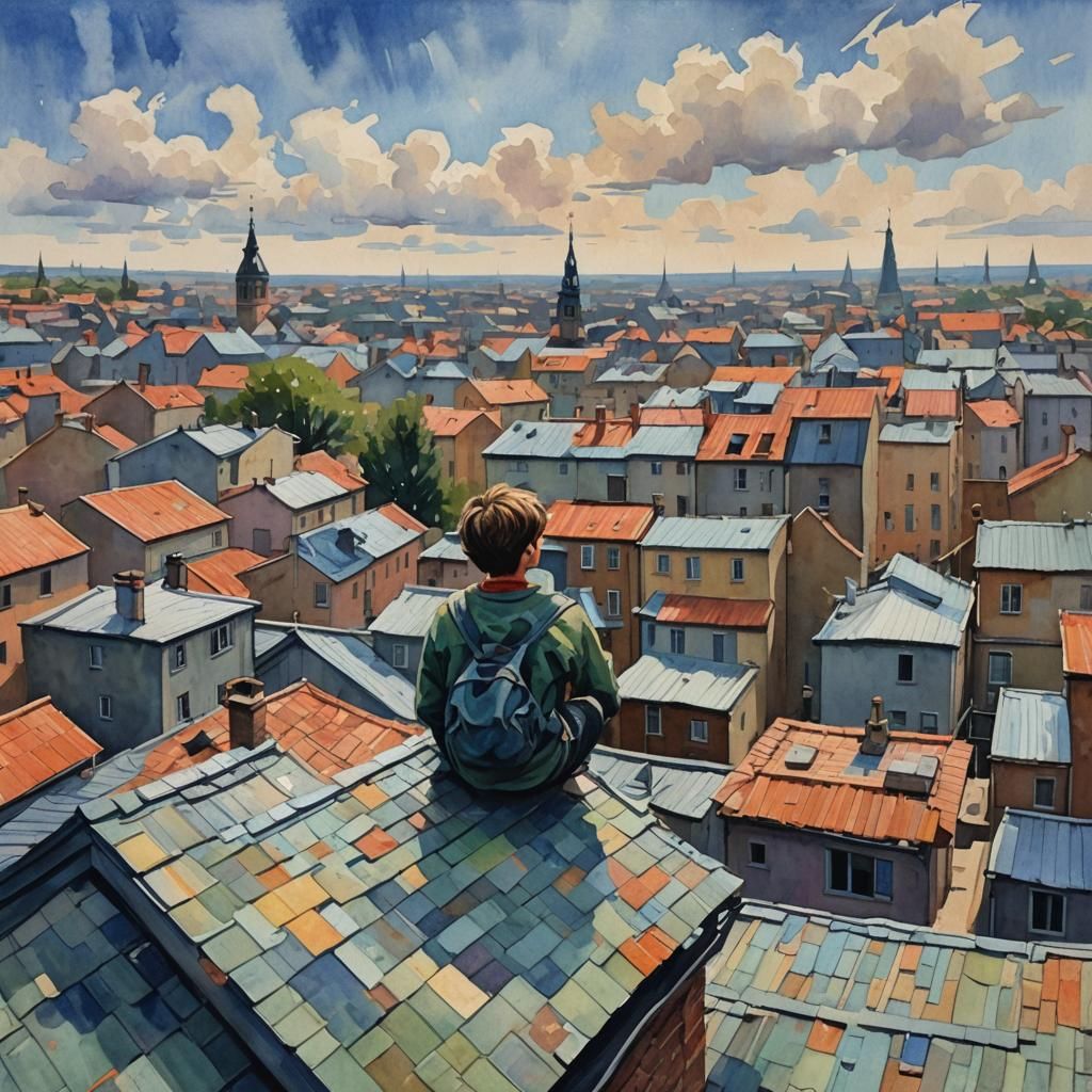 Impressionist Boy Alone with Endless Rooftops