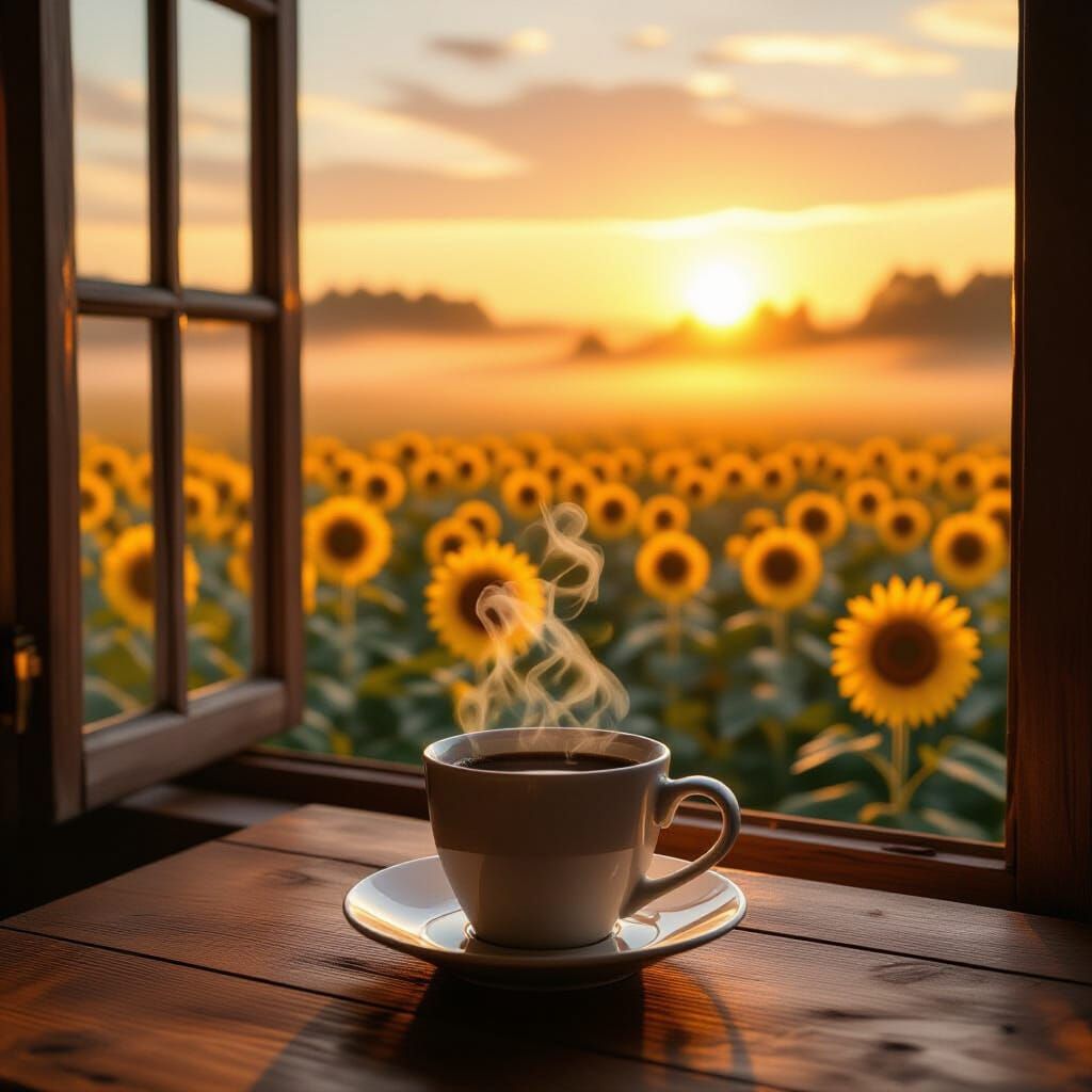 Sunrise Coffee in Countryside: Photorealistic Sci-Fi Art