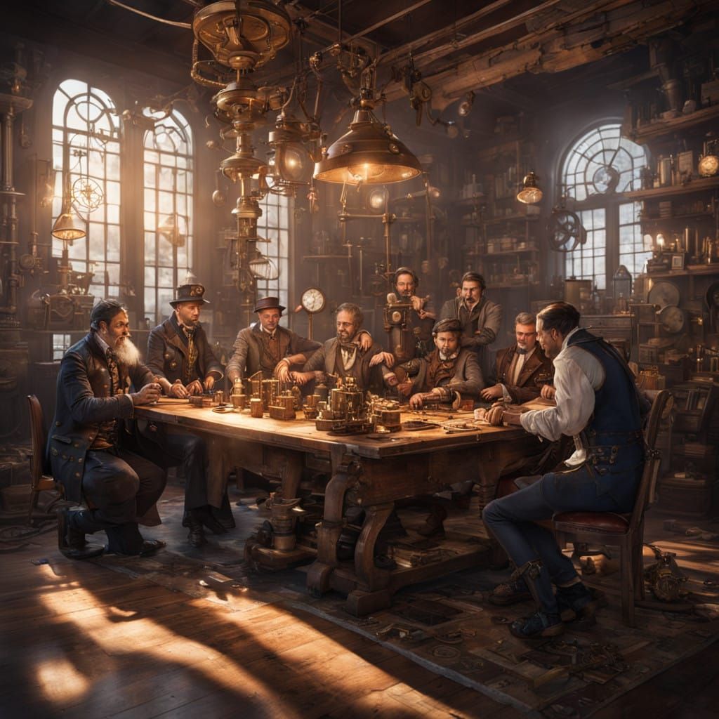 Steampunk Gentlemen in Cozy Studio Setting