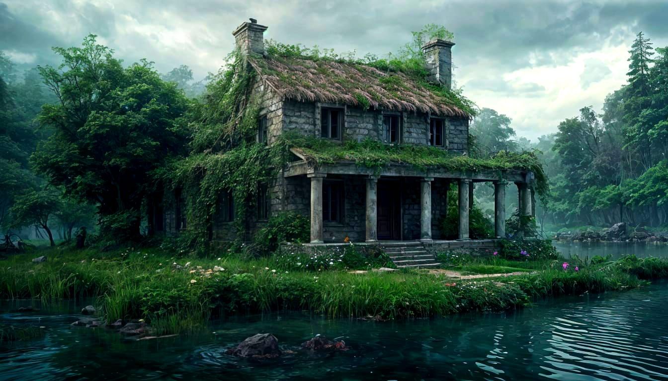 Overgrown Cottage on Misty Floating Island with Greek Ruins