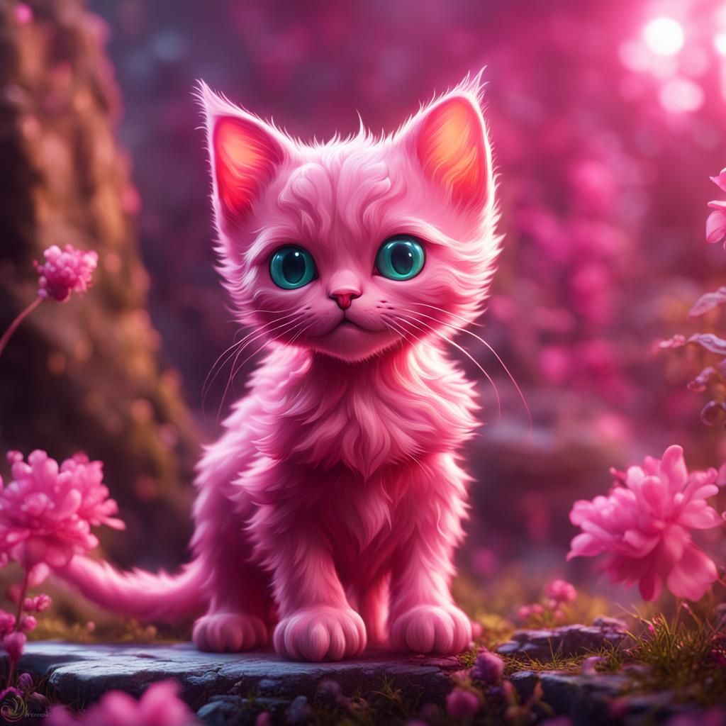 Fantastical Pink Kitten in Detailed Matte Painting
