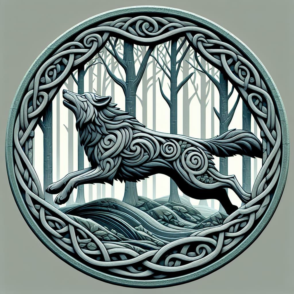 Celtic Style 3D Render of Wolf Jumping in Forest