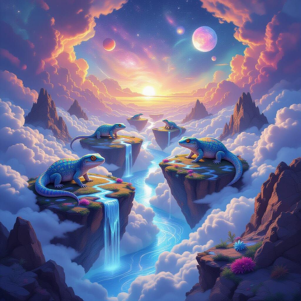 Surreal Crystal Geckos on Cloud Islands Under Nebula Sky