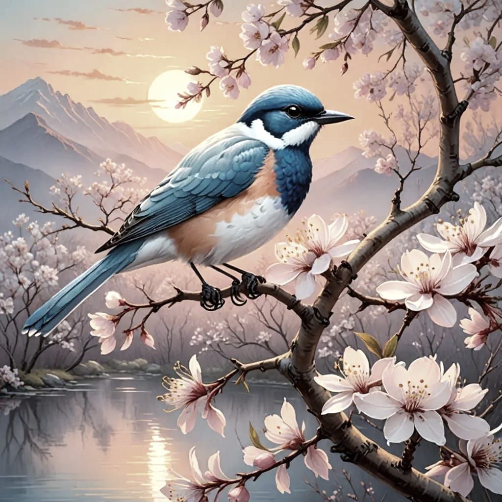 Beautiful Blue Bird Perched on Cherry Blossom Branch in Real...