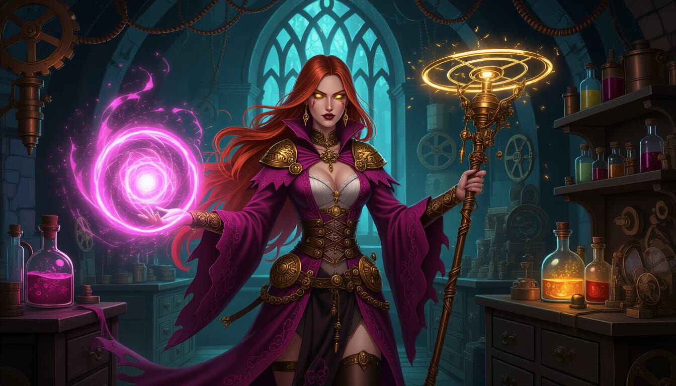 Steampunk Witch Casting Spell in Gothic Workshop