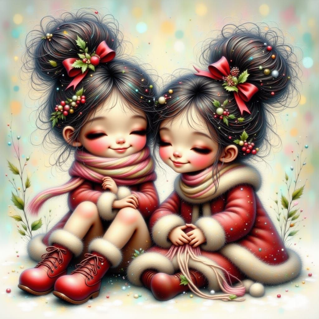 Two Adorable Girls in Snowy Whimsical Scene