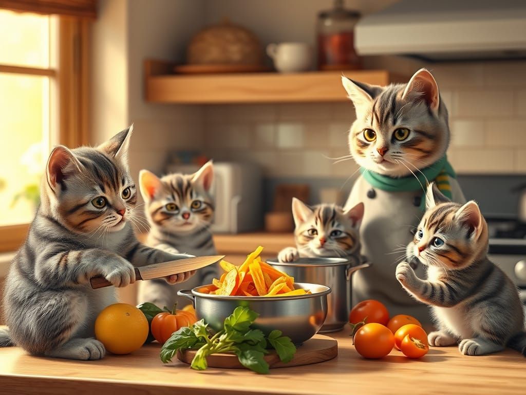 Adorable Cat Family Cooking Together in Cozy Kitchen