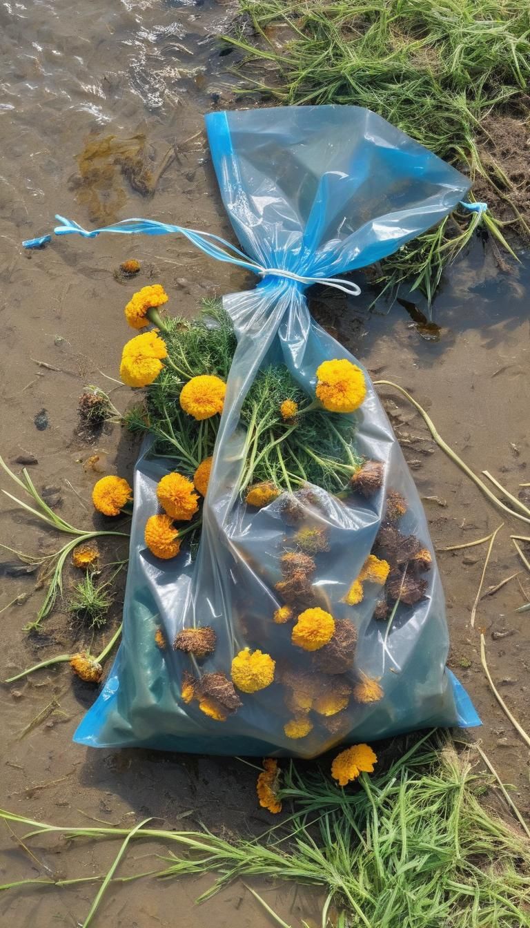 Rotting Marigolds in Plastic Bag Washed Ashore