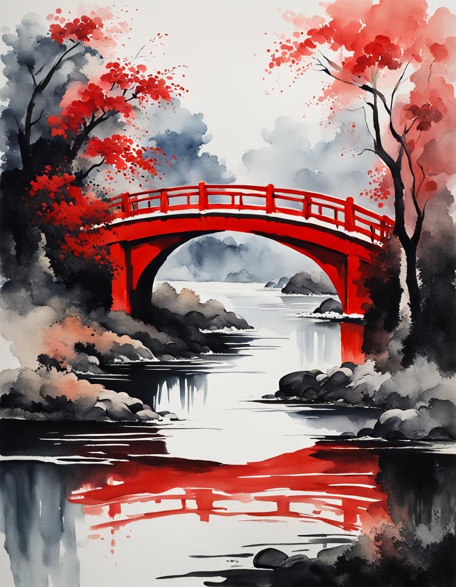 Minimalist Red Bridge in Chinese Ink Painting