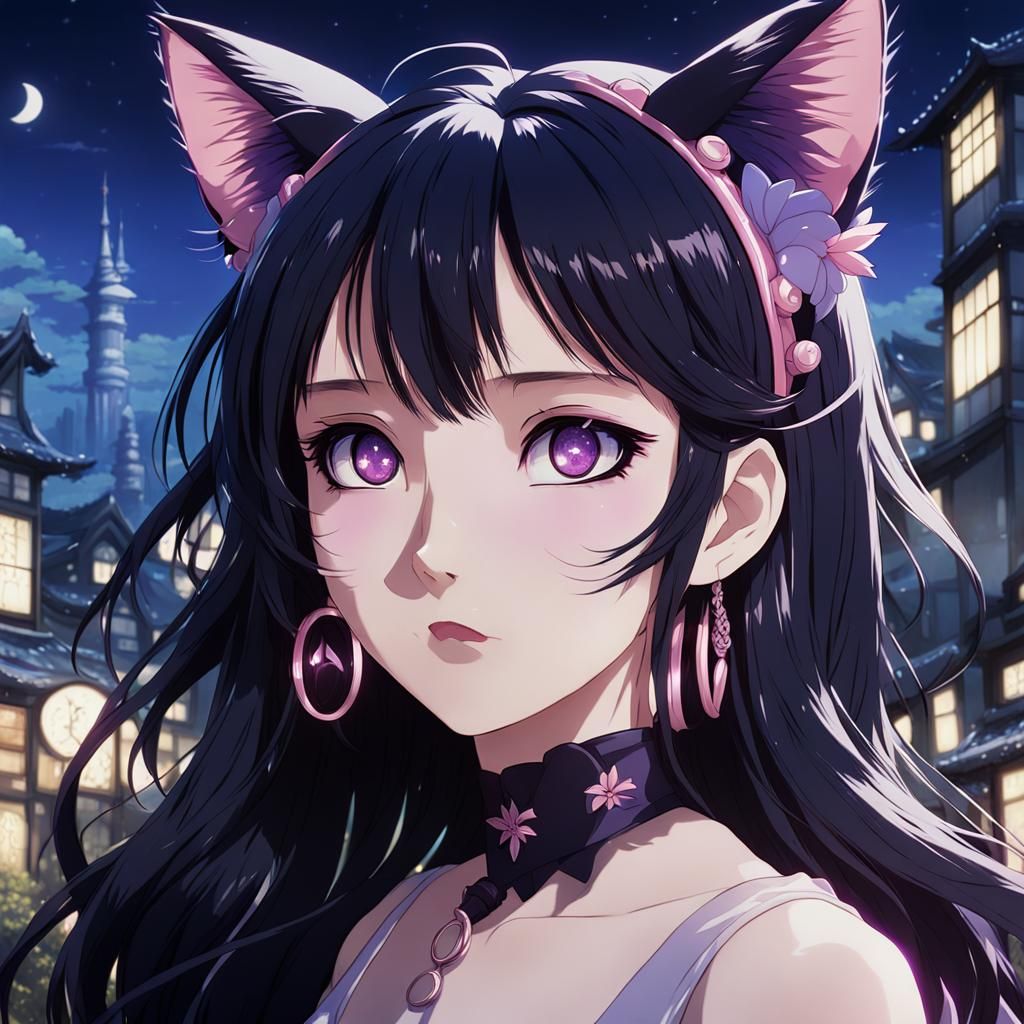 Anime Girl with Cat Ears in Ghibli Style