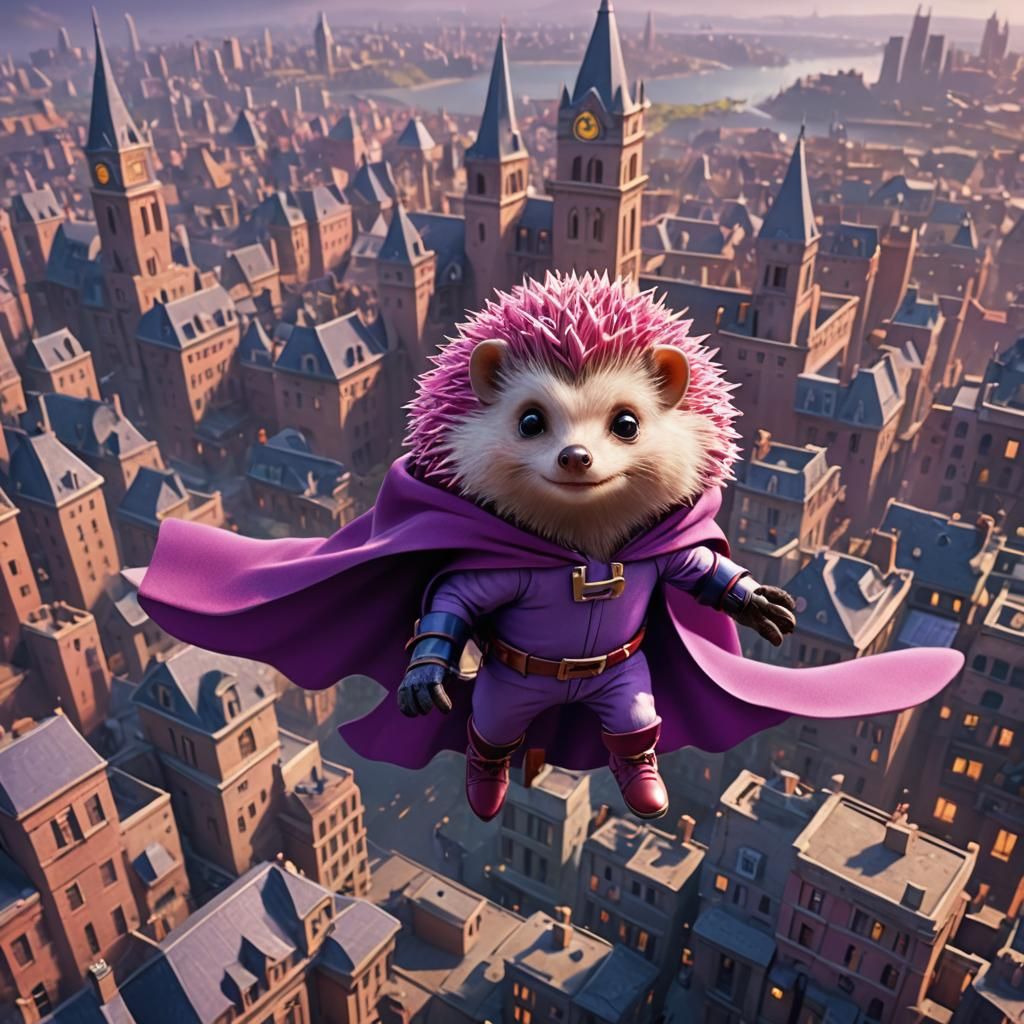 Adorable Pink Hedgehog Superhero Flying Over Hedgehog City